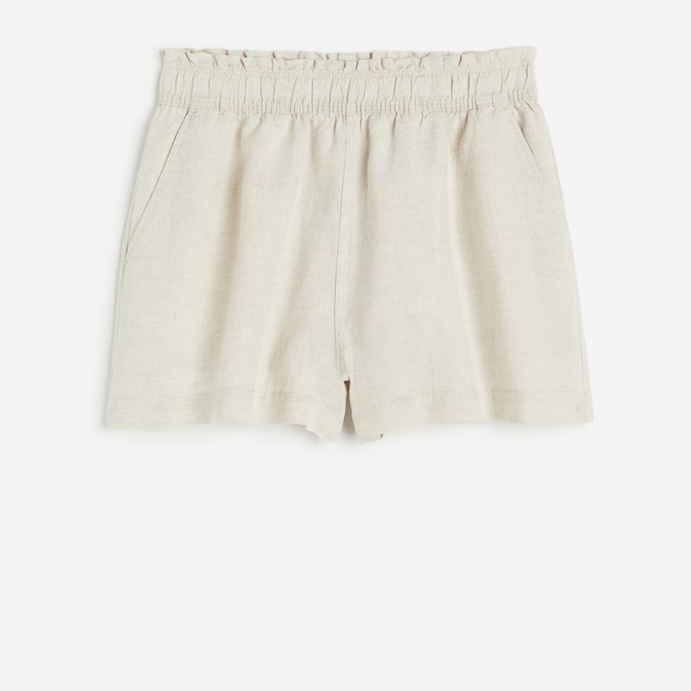 H&M High Waist Linen-Blend Shorts in Beige